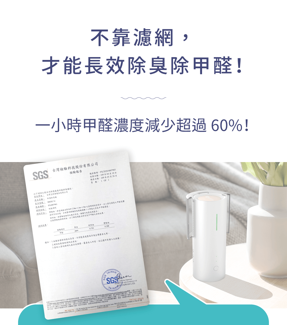 一小時甲醛減少60% 不靠濾網才能長效除臭、除甲醛